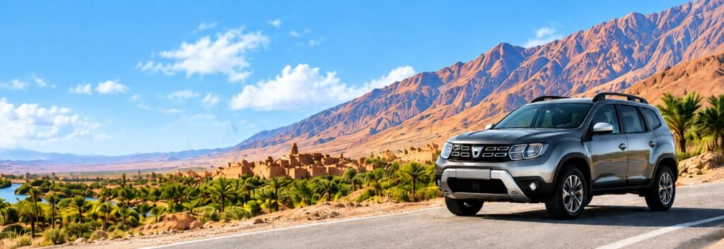 SUV de location sur une route du désert dans le Sud-Est marocain