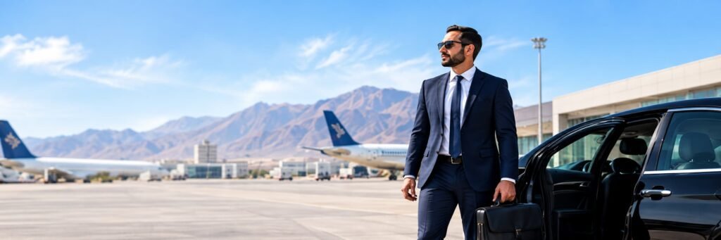 Business traveller arriving at the airport with a rental car