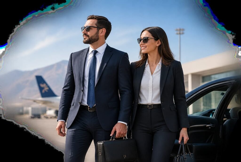 Business travellers with a rental car at the airport in Errachidia